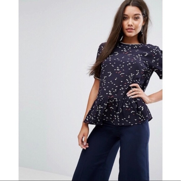 Y.A.S Tops - Y.A.S Navy Blue Ditzy Bird Print Ruffle Blouse